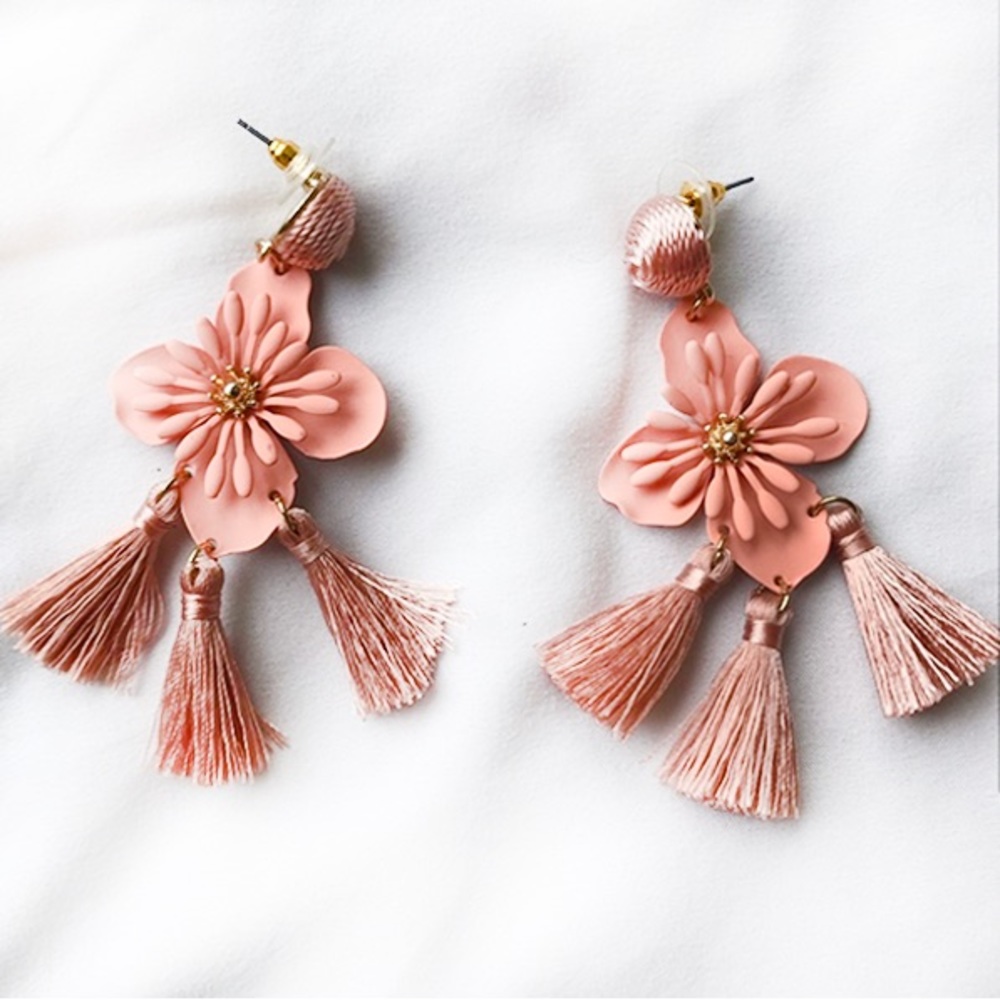 Pink Flower Tassel Dangle Earrings